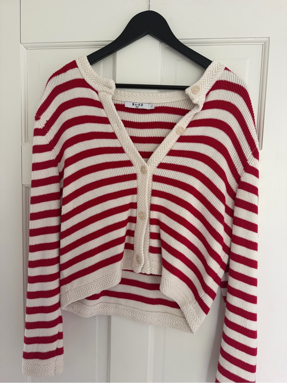 NA-KD Red & Cream Striped V-Neck Button Cardigan